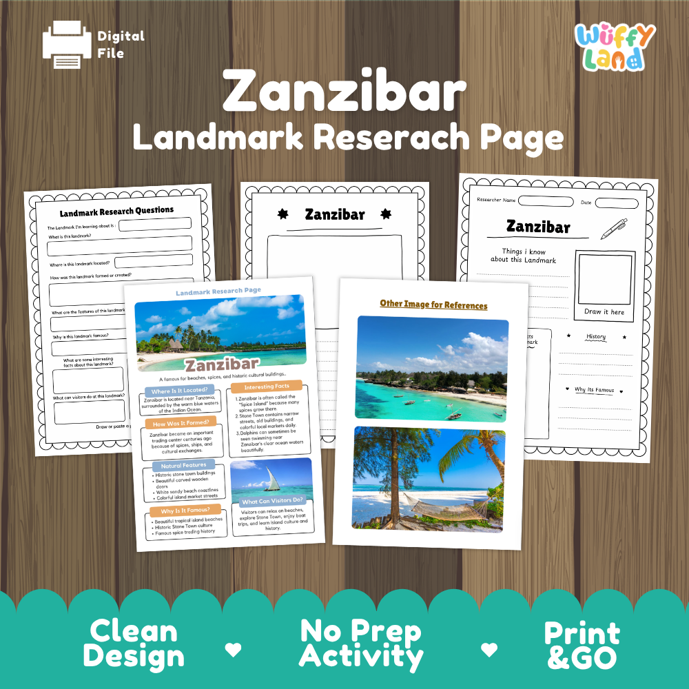 Digital worksheet bundle for 'Zanzibar Landmark Research Page' by Wiffy Land, shown as printable activity sheets on a wood background with a teal banner at the bottom.