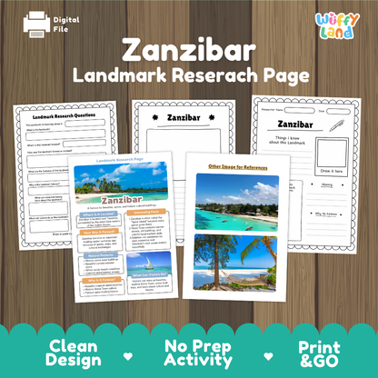 Digital worksheet bundle for 'Zanzibar Landmark Research Page' by Wiffy Land, shown as printable activity sheets on a wood background with a teal banner at the bottom.