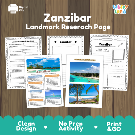 Digital worksheet bundle for 'Zanzibar Landmark Research Page' by Wiffy Land, shown as printable activity sheets on a wood background with a teal banner at the bottom.