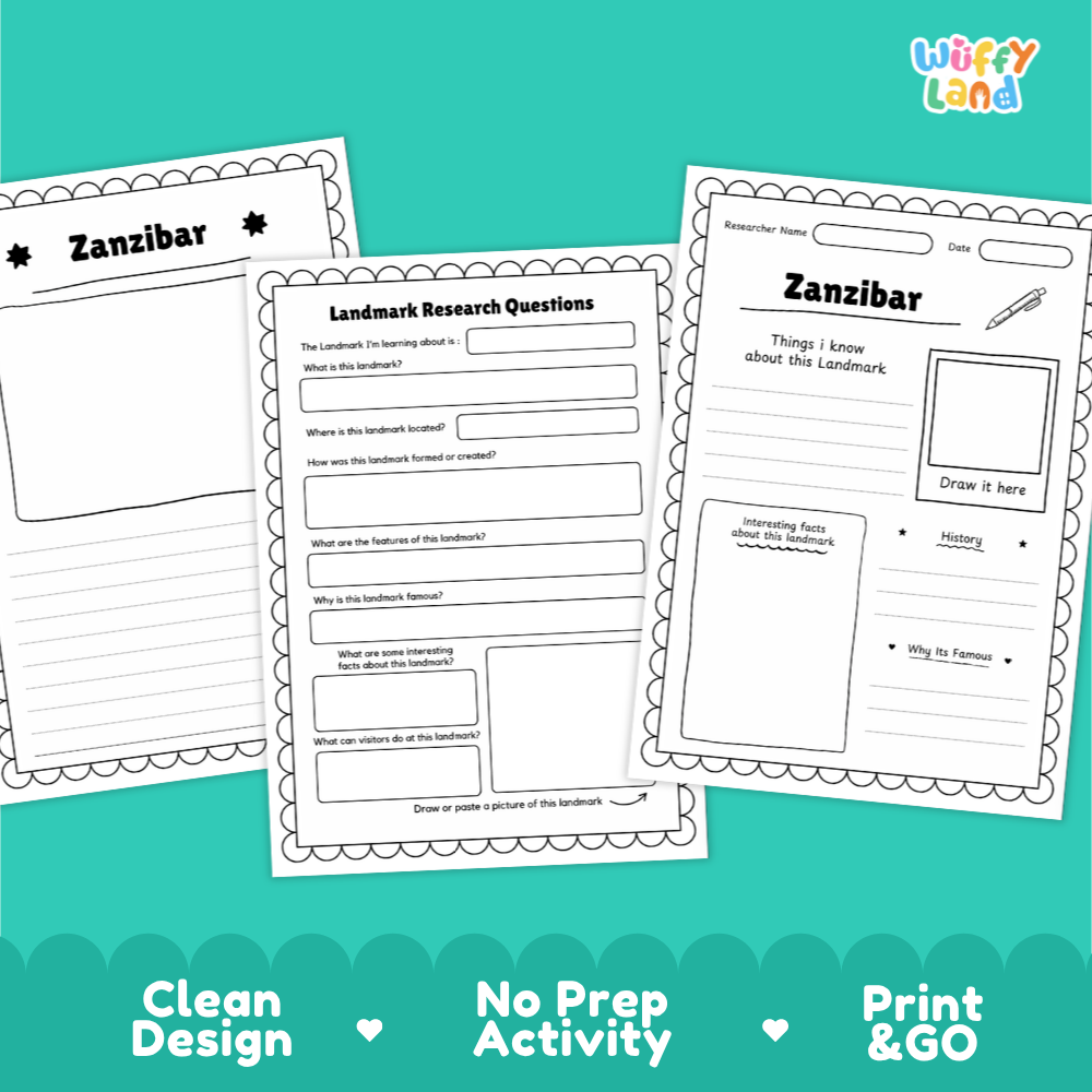 Three printable worksheet pages for Zanzibar displayed on a teal background with marketing text at the bottom. The pages include headings like 'Zanzibar,' 'Landmark Research Questions,' and 'Zanzibar,' with writing boxes and a drawing area.