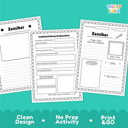 Three printable worksheet pages for Zanzibar displayed on a teal background with marketing text at the bottom. The pages include headings like 'Zanzibar,' 'Landmark Research Questions,' and 'Zanzibar,' with writing boxes and a drawing area.