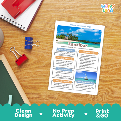 A printed educational activity sheet titled 'Zanzibar Landmark Research Page' laid on a wooden desk, surrounded by notebooks, binder clips, and a green chalkboard. The sheet includes a beach photo and text boxes for a research page.