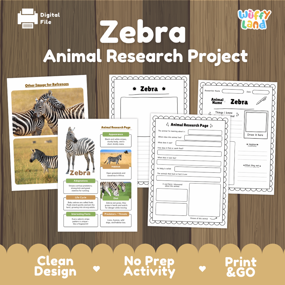 Digital preview of a 'Zebra Animal Research Project' printable activity sheet set by Wiffy Land, displayed on a wood-grain background with promotional text at the bottom.