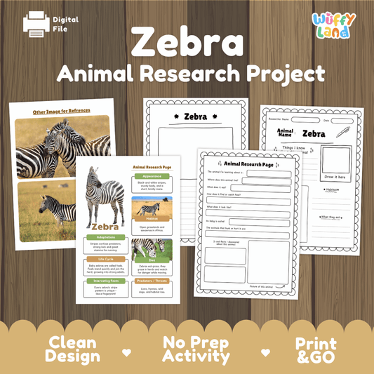 Digital preview of a 'Zebra Animal Research Project' printable activity sheet set by Wiffy Land, displayed on a wood-grain background with promotional text at the bottom.