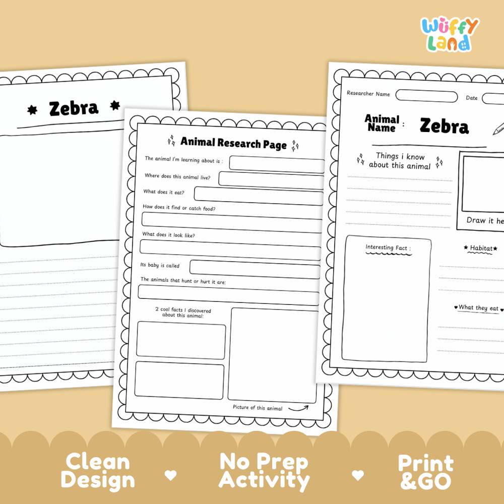 Three printable worksheet pages for animal research, featuring a zebra theme, displayed on a warm beige background with promotional text at the bottom.