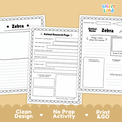 Three printable worksheet pages for animal research, featuring a zebra theme, displayed on a warm beige background with promotional text at the bottom.
