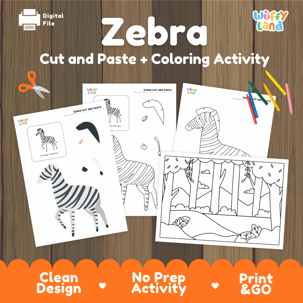 Zebra Cut and Paste Craft and Coloring Activity Worksheets