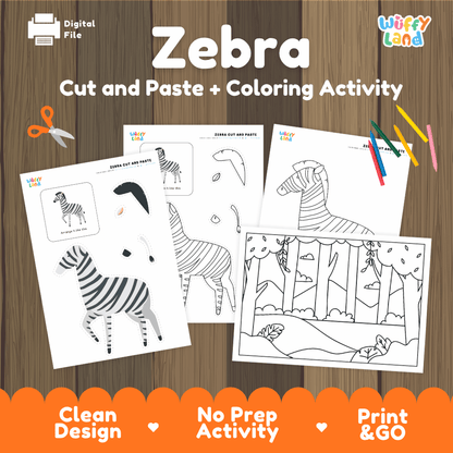Zebra Cut and Paste Craft and Coloring Activity Worksheets