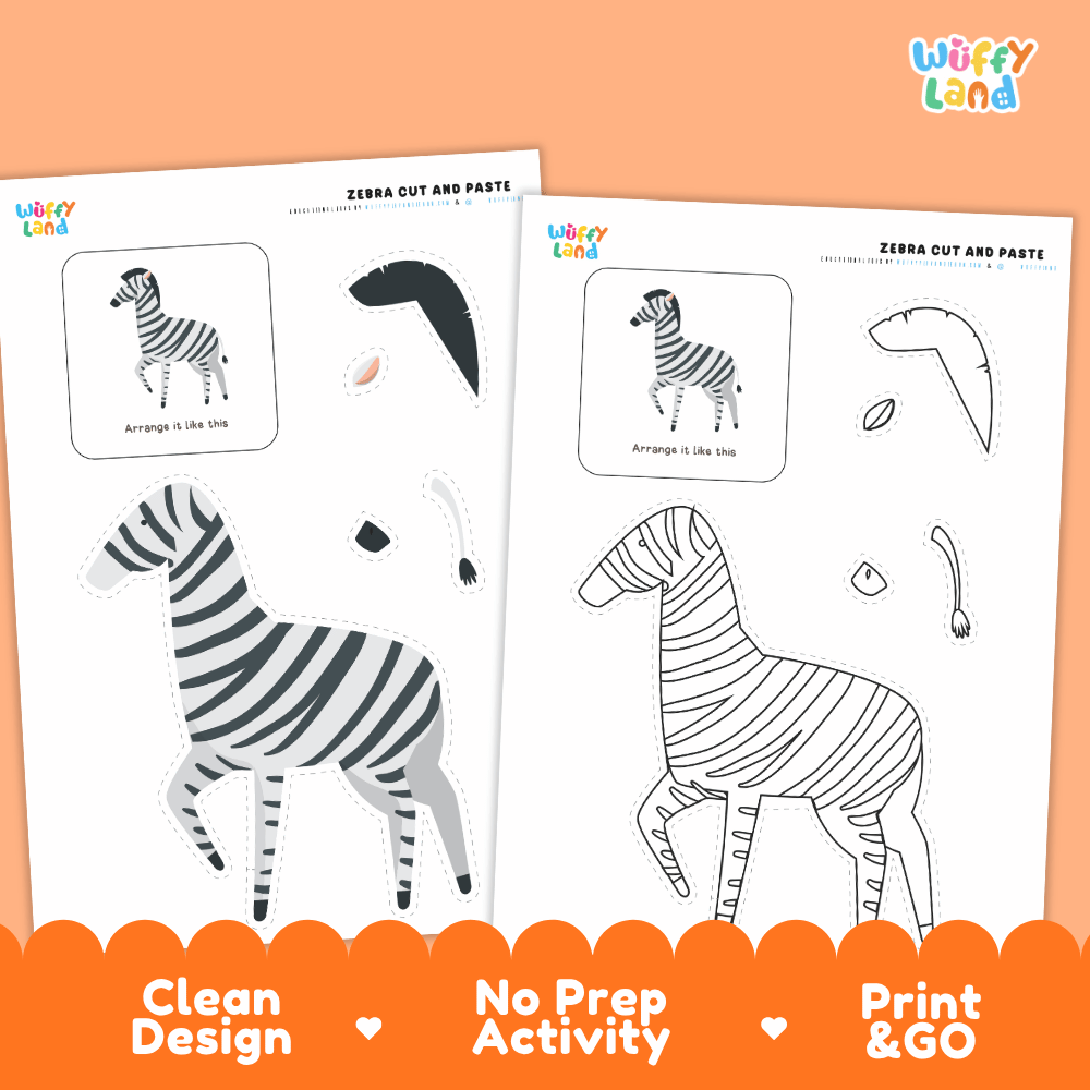 Zebra Cut and Paste Craft and Coloring Activity Worksheets