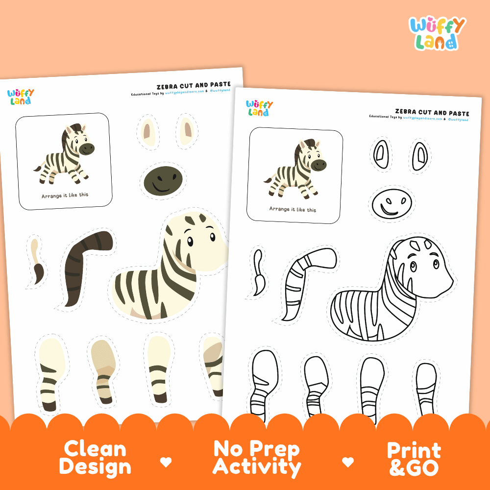 Zebra Cut and Paste Craft and Coloring Pages Activity Worksheets