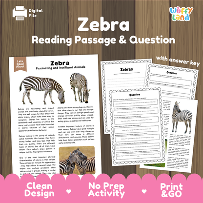 Zebra Reading Passage and Comprehension Questions Worksheets with Answer Key