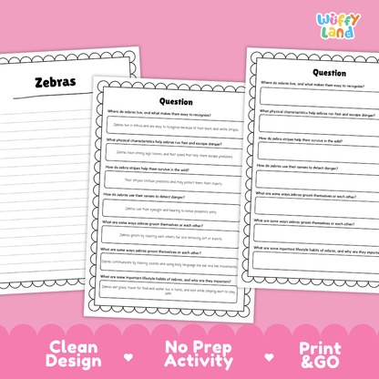 Zebra Reading Passage and Comprehension Questions Worksheets with Answer Key