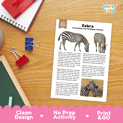 Zebra Reading Passage and Comprehension Questions Worksheets with Answer Key