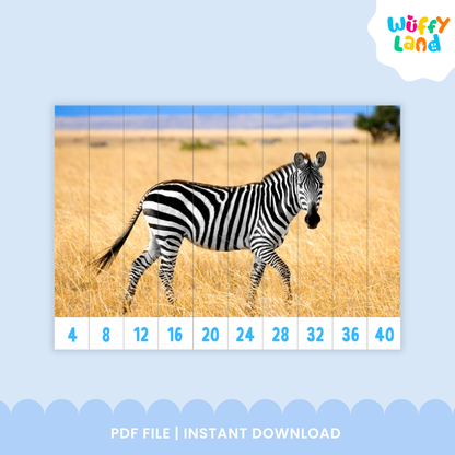Educational skip counting puzzle featuring a zebra standing in a dry grassy savanna, divided into strips labeled with numbers 4 to 40 for counting by fours.