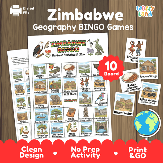 Zimbabwe Geography Bingo Games Printable Country Study Activities