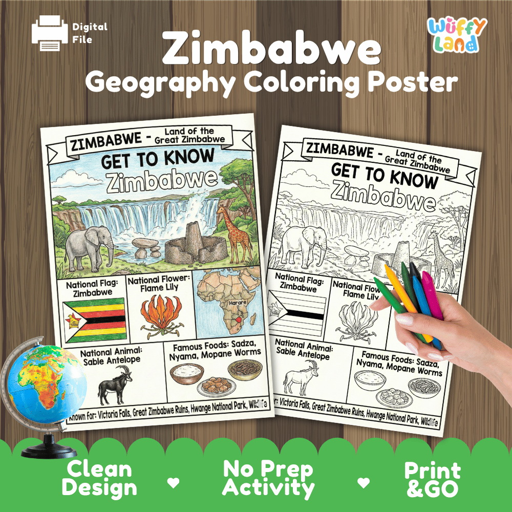 Zimbabwe Geography Coloring Poster and Fact Sheet Printable Worksheets