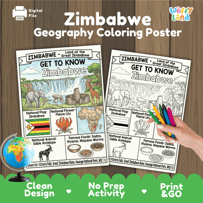 Zimbabwe Geography Coloring Poster and Fact Sheet Printable Worksheets