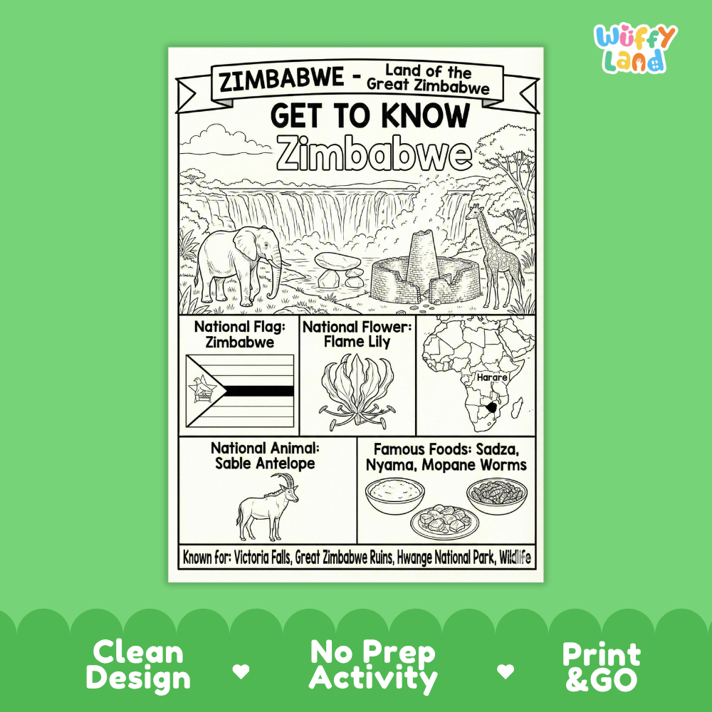 Zimbabwe Geography Coloring Poster and Fact Sheet Printable Worksheets