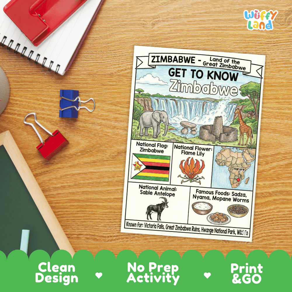 Zimbabwe Geography Coloring Poster and Fact Sheet Printable Worksheets