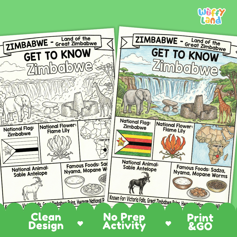 Zimbabwe Geography Coloring Poster and Fact Sheet Printable Worksheets