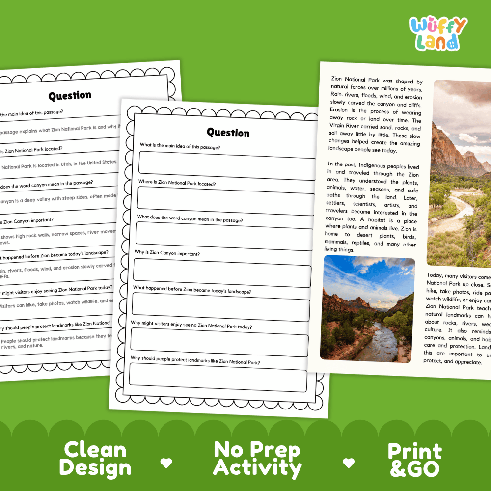 Student reading passage titled A Canyon Park in Utah detailing Zion National Park sandstone cliffs river erosion and canyon landscape photography
