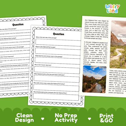 Student reading passage titled A Canyon Park in Utah detailing Zion National Park sandstone cliffs river erosion and canyon landscape photography