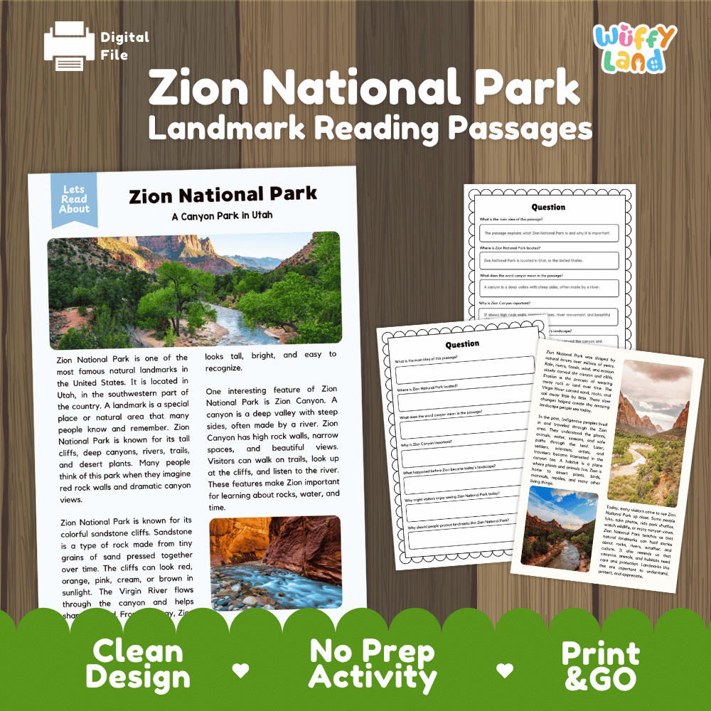 Zion National Park landmark reading passages educational study unit featuring nonfiction reading worksheets and authentic Utah red rock canyon photography