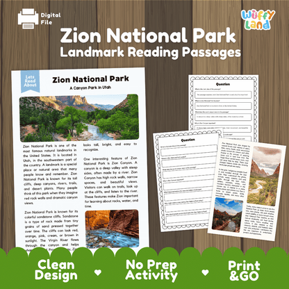 Zion National Park landmark reading passages educational study unit featuring nonfiction reading worksheets and authentic Utah red rock canyon photography