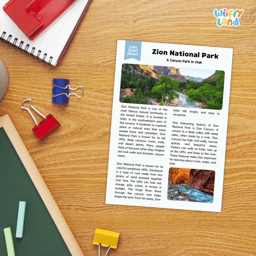 Lined reading comprehension question worksheet covering main ideas vocabulary terms and landmark facts about Zion National Park