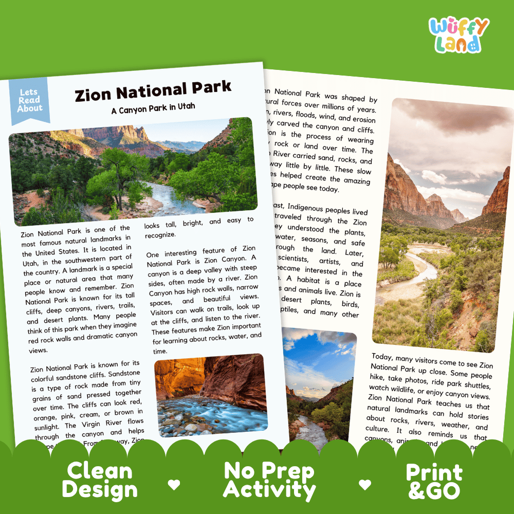 Reference sheet and answer key for Zion National Park landmark reading passage displaying completed comprehension answers and earth science facts