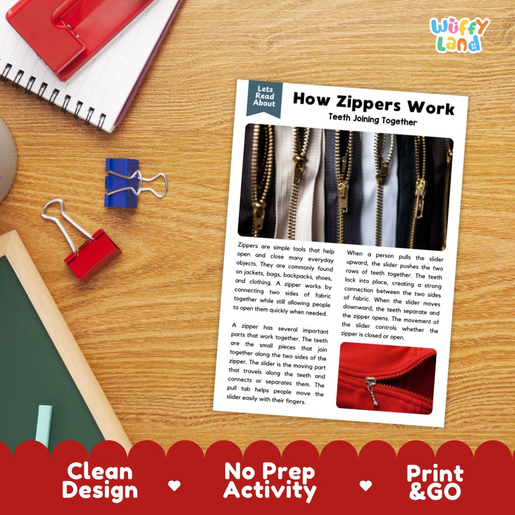 Printable student worksheet with short-answer reading comprehension questions covering zippers and mechanics