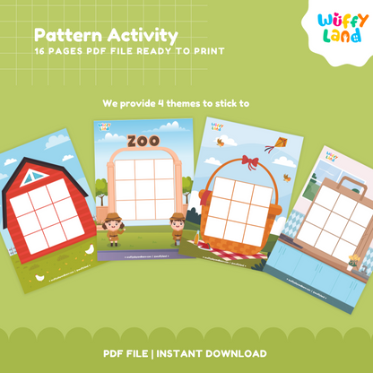 Printable 3x3 matrix grid mats showing a red barn and zoo entrance with safari kids for spatial pattern replication 🦁🧺