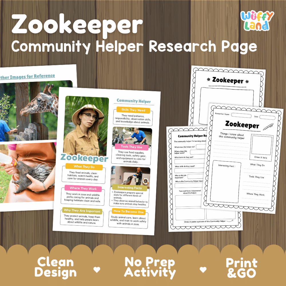 Zookeeper community helper research page writing worksheets pack featuring real photos and student activity pages for elementary social studies and science
