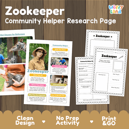 Zookeeper community helper research page writing worksheets pack featuring real photos and student activity pages for elementary social studies and science