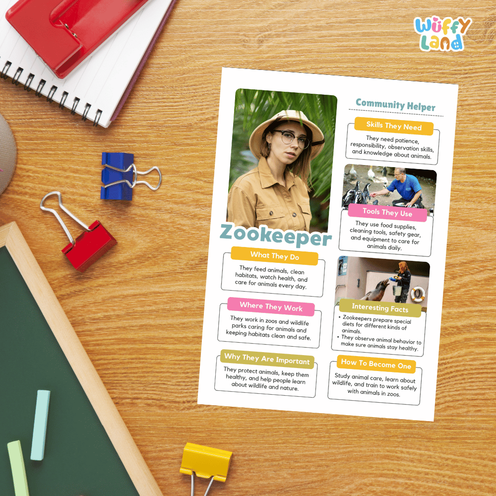 Guided student writing worksheets with lined sections for recording facts and a dedicated box for drawing or pasting a picture of a zookeeper