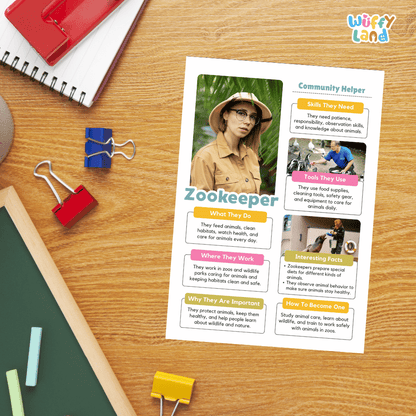 Guided student writing worksheets with lined sections for recording facts and a dedicated box for drawing or pasting a picture of a zookeeper