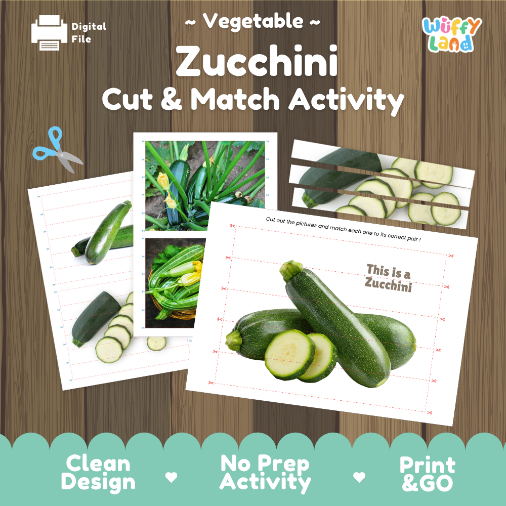 Zucchini cut and match activity cover showing printable fine motor puzzle sheets and vegetable photographs