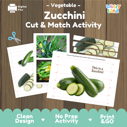 Zucchini cut and match activity cover showing printable fine motor puzzle sheets and vegetable photographs
