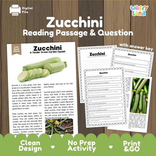 Zucchini reading comprehension passage and questions printable activity pack with answer key for elementary students