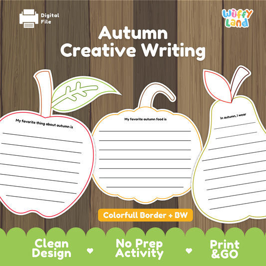 Autumn creative writing printable featuring apple, pumpkin, and pear-shaped worksheets with fall-themed writing prompts for kids.