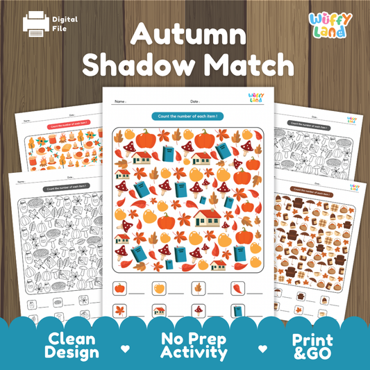 Printable autumn I Spy counting worksheets featuring pumpkins, fall leaves, mushrooms, and seasonal objects for kids to find and count.