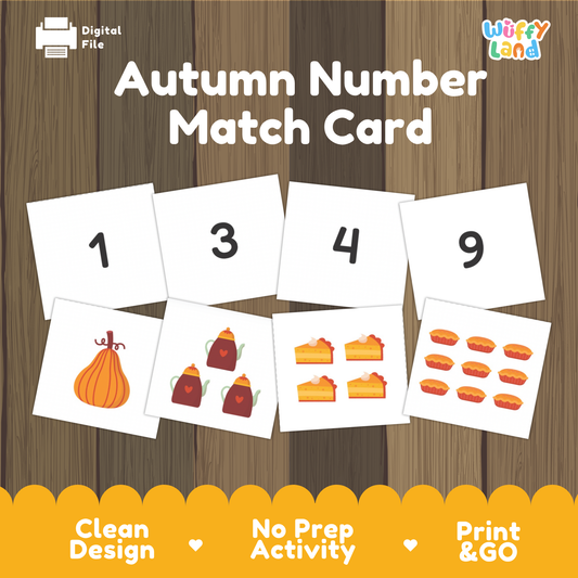 Printable autumn number matching cards featuring numbers and fall-themed illustrations for preschool counting and number recognition activities.