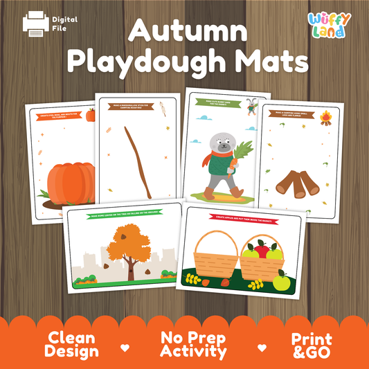 Printable autumn playdough mats featuring pumpkins, fall trees, apples, campfires, and seasonal activities for preschool kids.