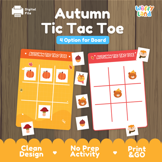 Autumn tic tac toe printable game featuring colorful fall-themed boards and picture pieces with pumpkins, acorns, mushrooms, and woodland animals.