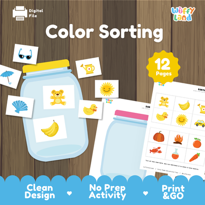 Printable color sorting activity for toddlers featuring colorful picture cards and sorting jars with 12 pages of hands-on learning materials.