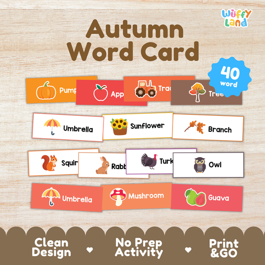 Fall vocabulary flashcards for preschool and kindergarten featuring illustrated word cards to support seasonal vocabulary building and early literacy skills.