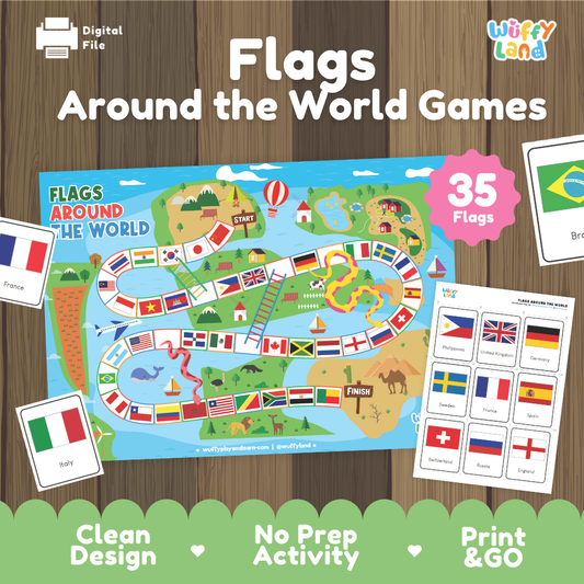 Printable Flags Around the World board game featuring 35 country flags, a colorful game board, and matching flag cards for kids.