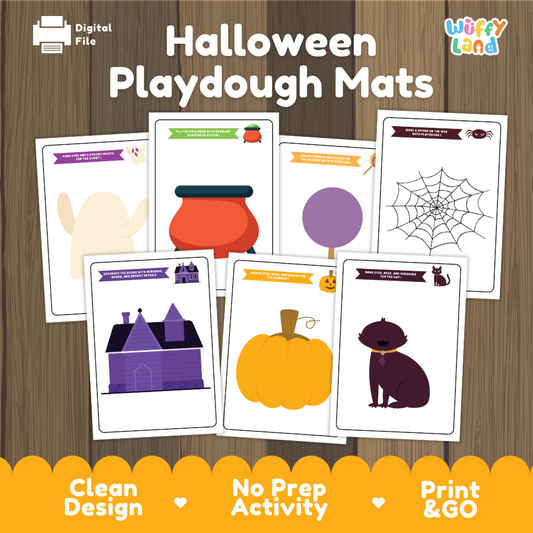 Halloween playdough mats printable for kids featuring six fun designs including a pumpkin, ghost, witch cauldron, haunted house, spider web, and black cat.