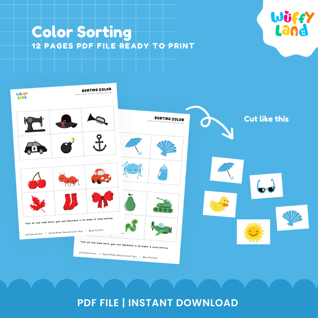 Montessori-inspired color sorting activity featuring printable jars and picture cards for hands-on color recognition and classification practice.