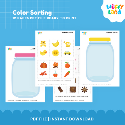 Preschool color matching and sorting worksheets with illustrated objects including toys, fruits, animals, and everyday items.